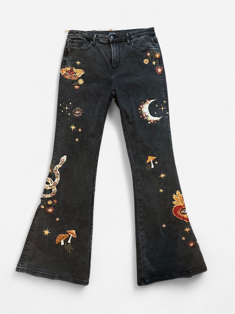 RARE Driftwood Embroidered Black Flare Jeans with Celestial & Floral Motifs